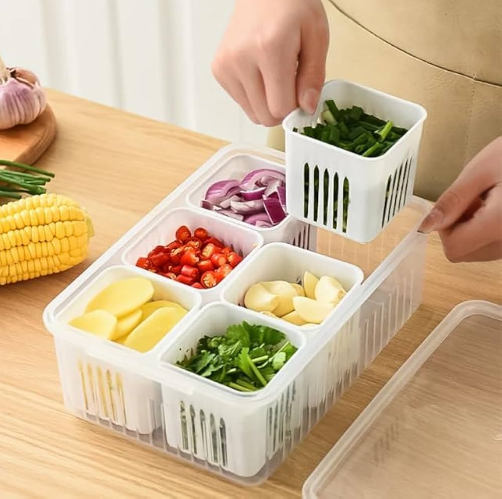 Multi‑Compartment Food Storage Box with Lid – Vegetable & Spice Organizer