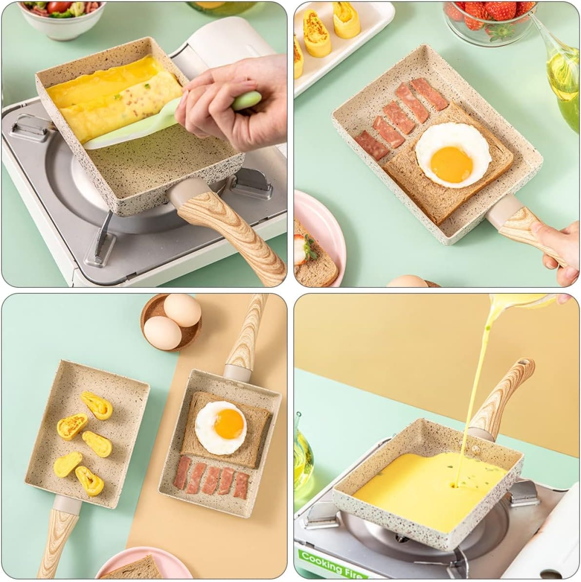 Square Ceramic Frying Pan, Durable Stone Frying Pan, Wooden Handle Square Frying Pan, Omelette Non Stick Fry Egg Kitchen Breakfast Maker, Square Thick Frying Tool, Anti Slip Tamagoyaki Pan, Square Egg Pan, Daily Cookware Gadget, Home Kitchen Items