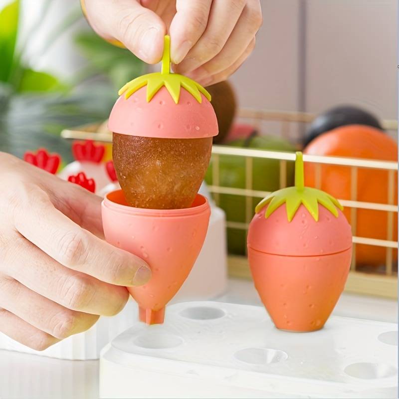 Set Of 6 Strawberry Popsicle Mold, Reusable Plastic Ice Cream Mold, Homemade Strawberry Ice Lolly Maker