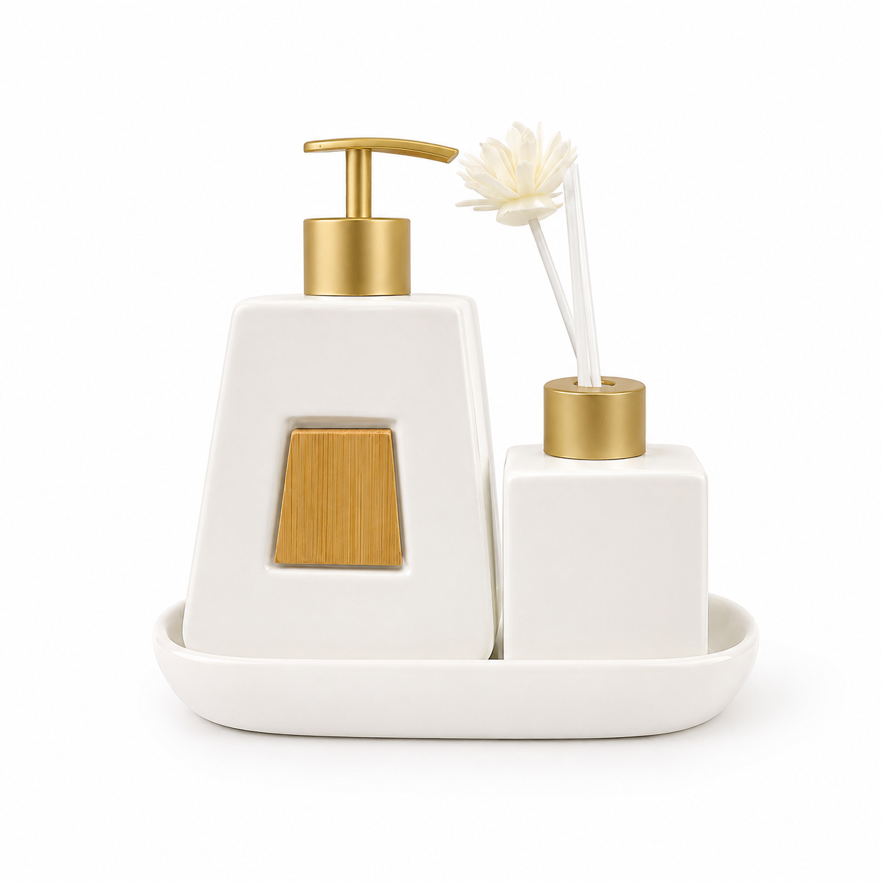 Porcelain Soap Dispenser & Diffuser Set with Tray | Luxury Bathroom & Vanity Accessories Set