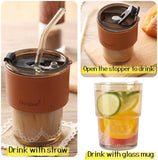 Premium Coffee Glass Mug with Leather Sleeve & Straw | Heat‑Resistant Drink Cup 450ML