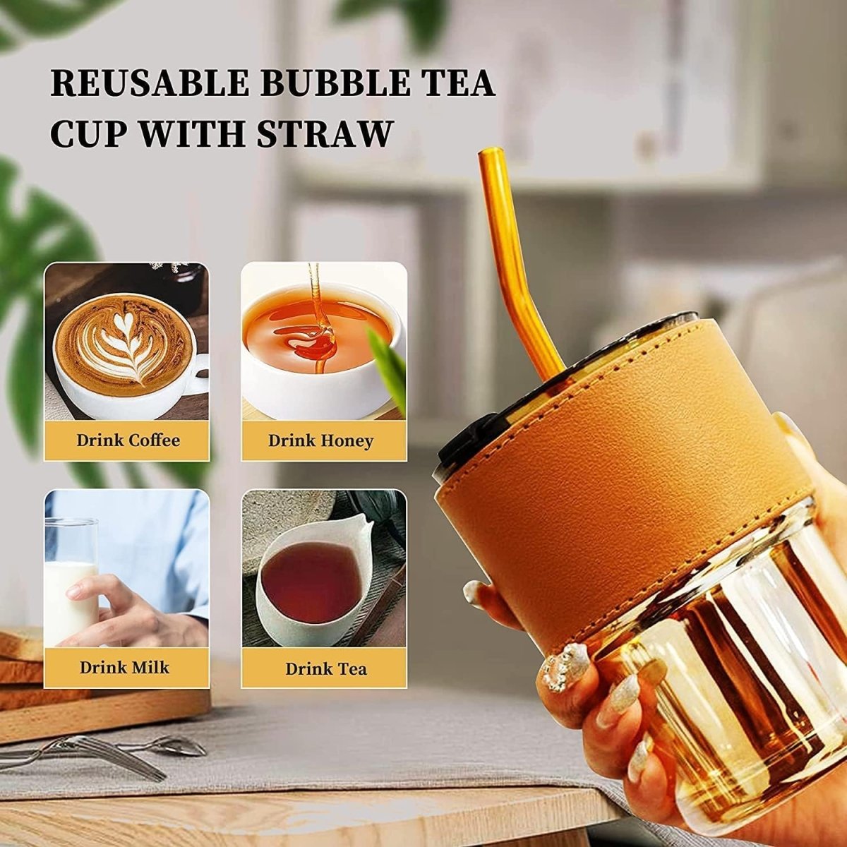 Premium Coffee Glass Mug with Leather Sleeve & Straw | Heat‑Resistant Drink Cup 450ML