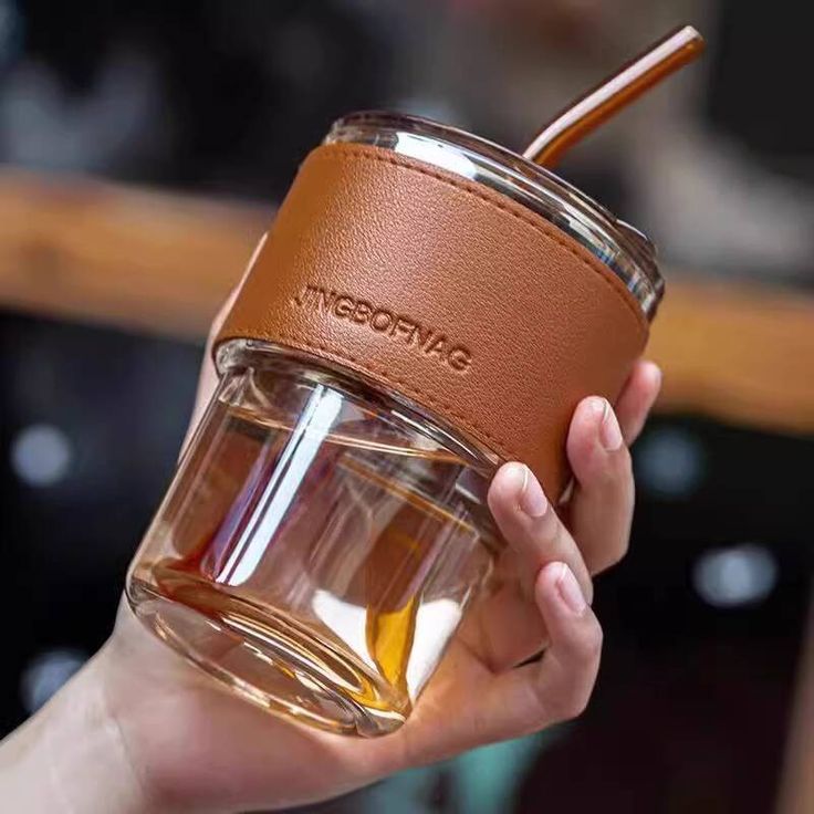 Premium Coffee Glass Mug with Leather Sleeve & Straw | Heat‑Resistant Drink Cup 450ML