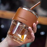 Premium Coffee Glass Mug with Leather Sleeve & Straw | Heat‑Resistant Drink Cup 450ML
