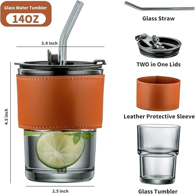 Premium Coffee Glass Mug with Leather Sleeve & Straw | Heat‑Resistant Drink Cup 450ML