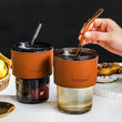 Premium Coffee Glass Mug with Leather Sleeve & Straw | Heat‑Resistant Drink Cup 450ML