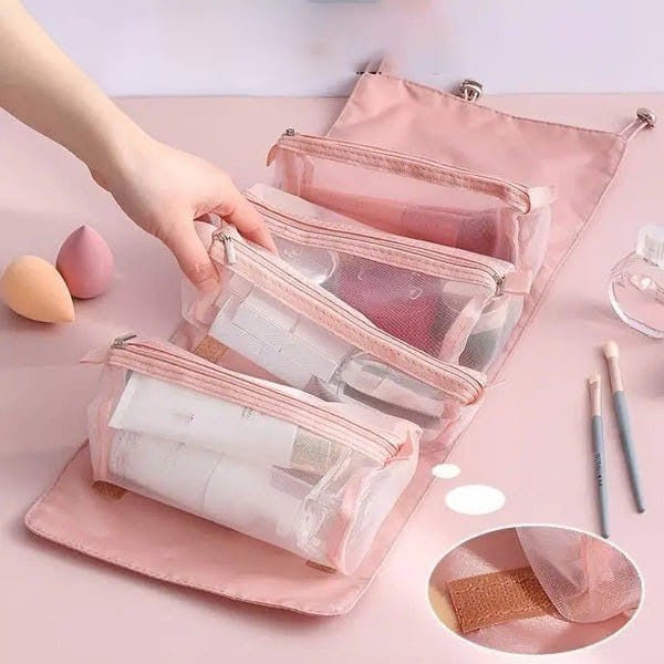 Premium Foldable Travel Makeup Organizer – Detachable Zipper Pouch Hanging Cosmetic Storage Bag