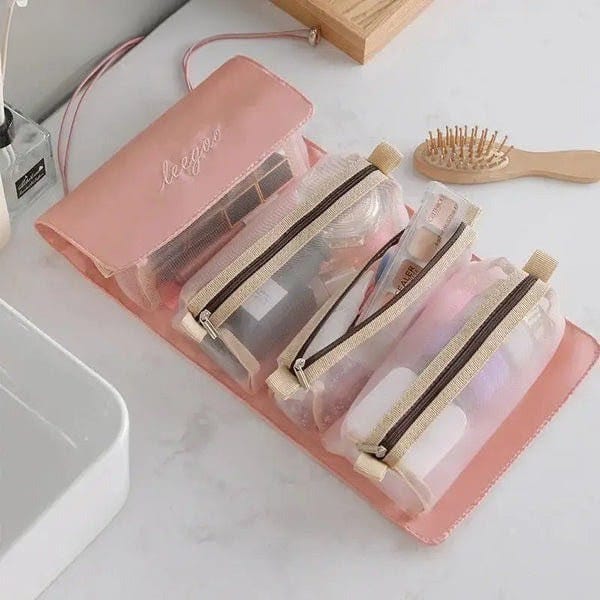 Premium Foldable Travel Makeup Organizer – Detachable Zipper Pouch Hanging Cosmetic Storage Bag