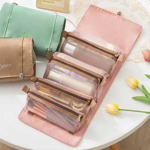 Premium Foldable Travel Makeup Organizer – Detachable Zipper Pouch Hanging Cosmetic Storage Bag