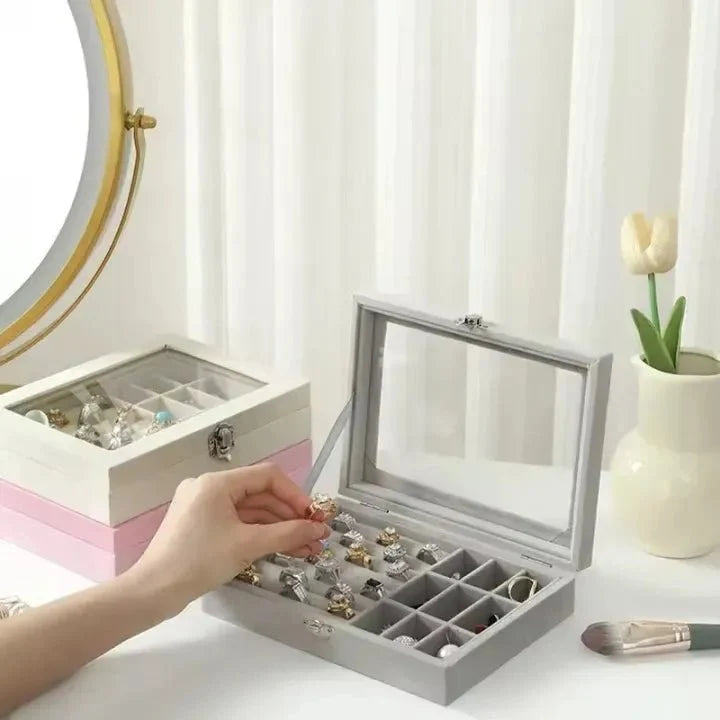 Premium Multi‑Compartment Jewelry Organizer – Glass Top Ring & Earrings Display Storage Box
