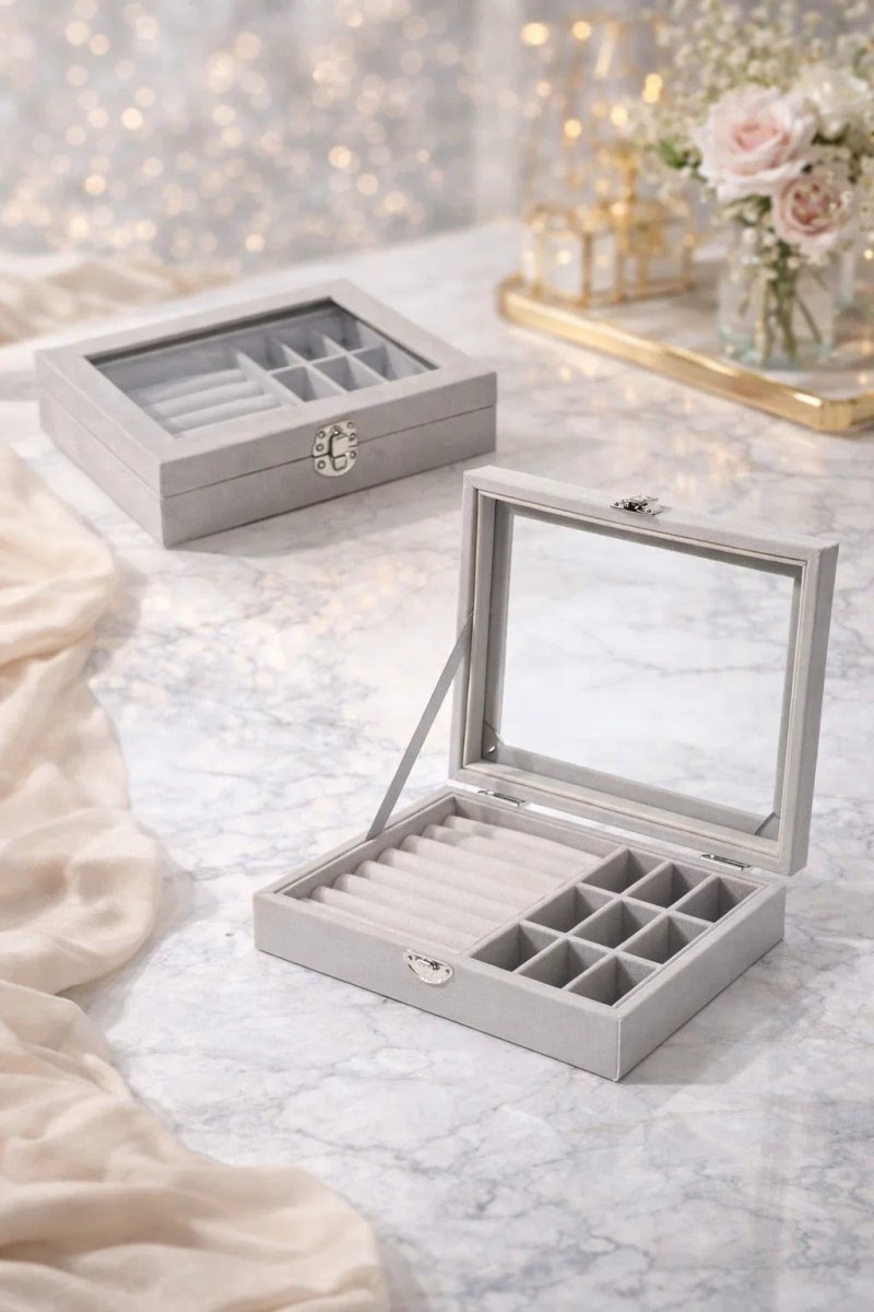 Premium Multi‑Compartment Jewelry Organizer – Glass Top Ring & Earrings Display Storage Box