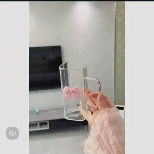 Pink Bow Square Glass Cup with Straw