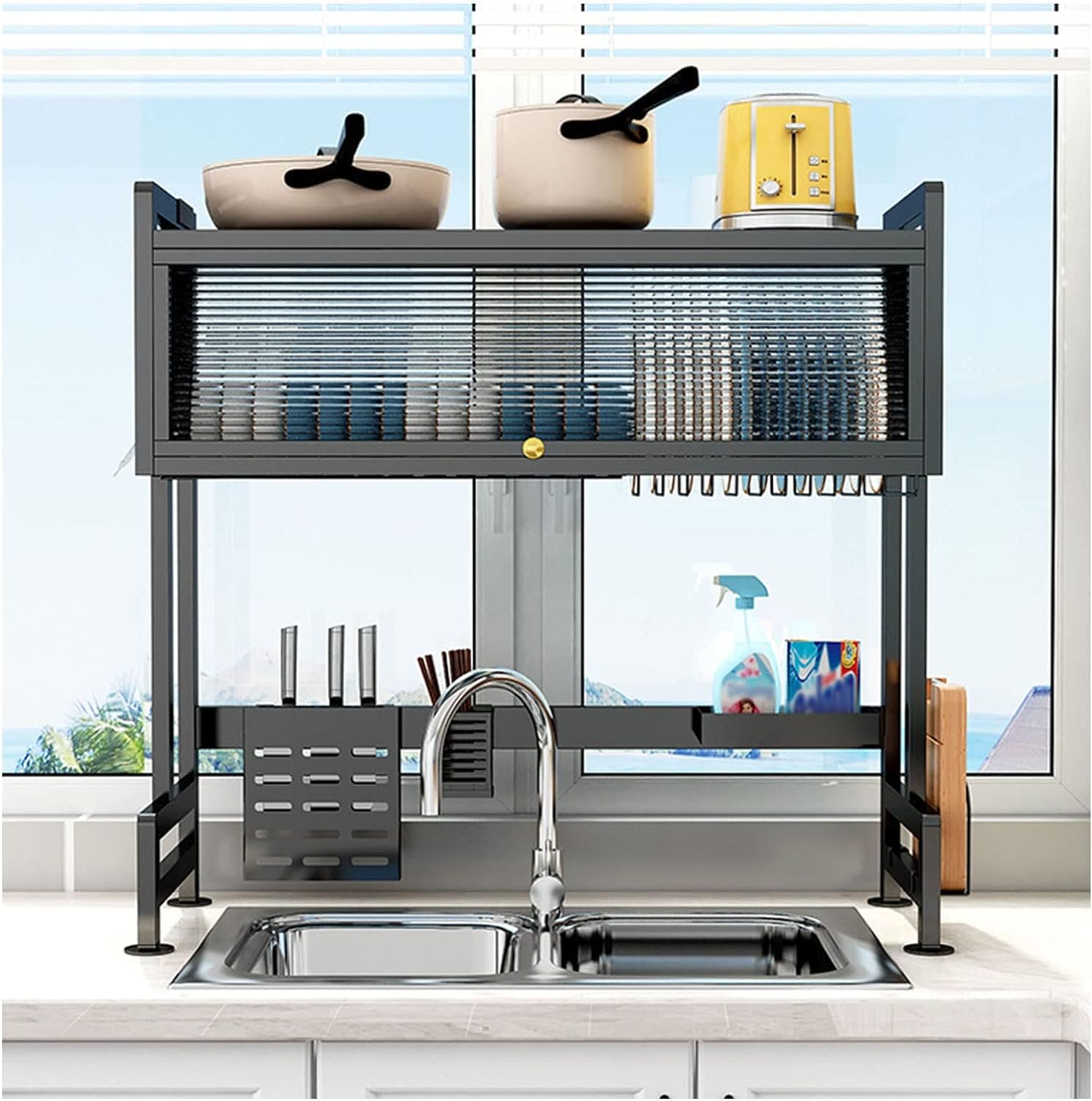 Multifunctional Flip Kitchen Dish Rack, Over Sink Countertop Kitchen Storage Shelf, Metal Cabinet Door Crockery Shelf, Expandable Sink Drainer Drying Rack with Door, Telescoping Dish Storage Rack