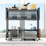 Multifunctional Flip Kitchen Dish Rack, Over Sink Countertop Kitchen Storage Shelf, Metal Cabinet Door Crockery Shelf, Expandable Sink Drainer Drying Rack with Door, Telescoping Dish Storage Rack