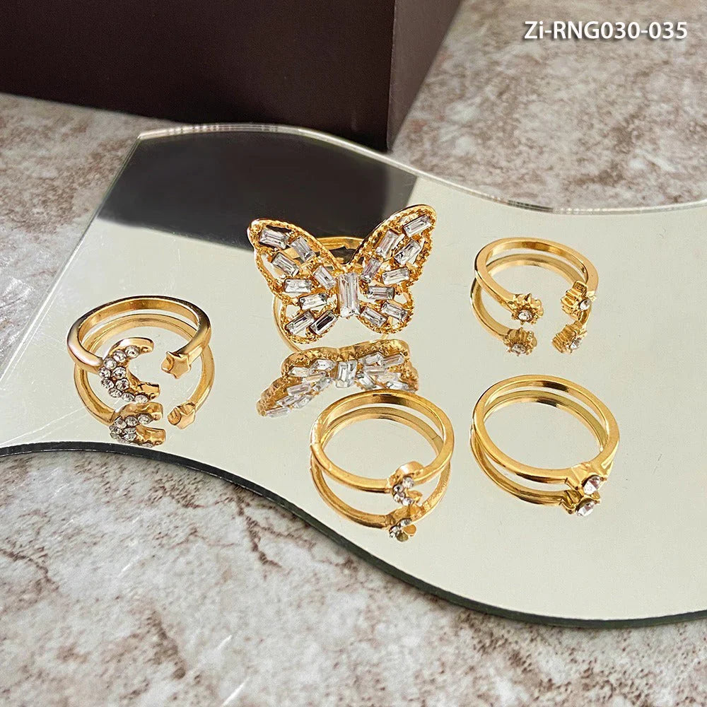 Set Of 5 Alloy Butterfly Star Moon Set Open Rings, Crystal Star Moon Butterfly Knuckle Finger Ring Set, Cartoon Moon Finger Rings Star Heart Jewellery