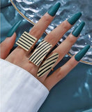 Set Of 3 Geometric Striped Ring, Striped Metal Accent Ring, Silver Black  Big Chunky Midi Ring For Women Jewellery
