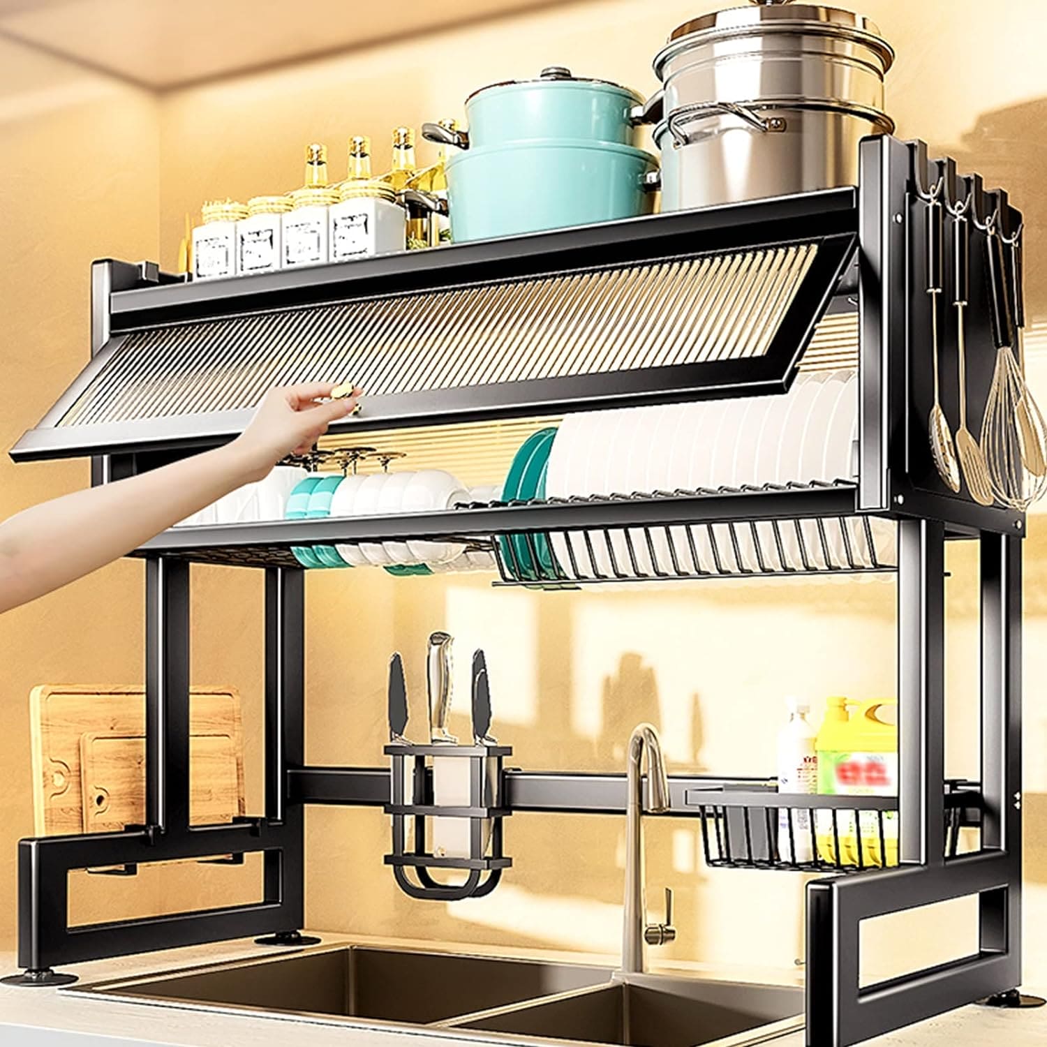 Multifunctional Flip Kitchen Dish Rack, Over Sink Countertop Kitchen Storage Shelf, Metal Cabinet Door Crockery Shelf, Expandable Sink Drainer Drying Rack with Door, Telescoping Dish Storage Rack