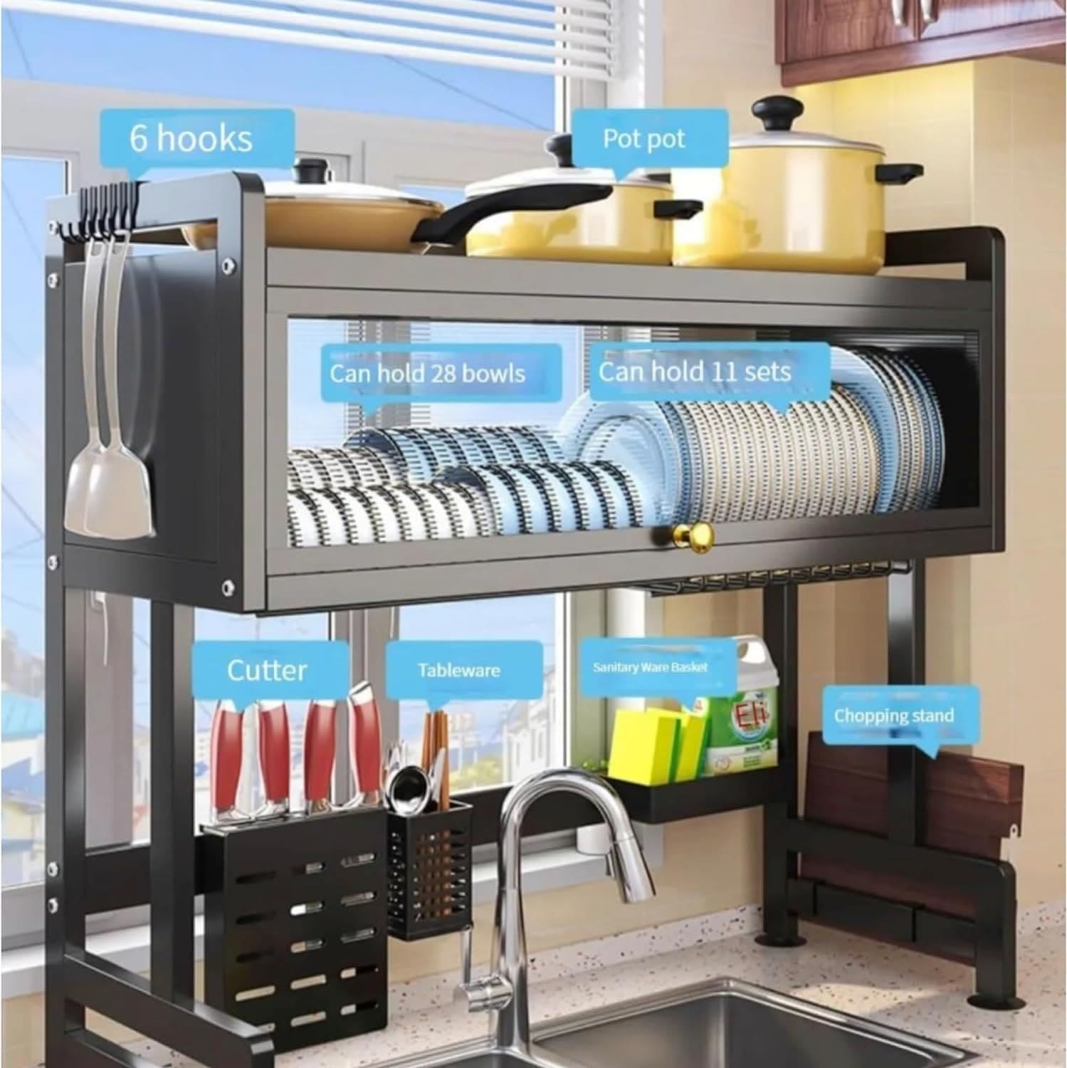 Multifunctional Flip Kitchen Dish Rack, Over Sink Countertop Kitchen Storage Shelf, Metal Cabinet Door Crockery Shelf, Expandable Sink Drainer Drying Rack with Door, Telescoping Dish Storage Rack