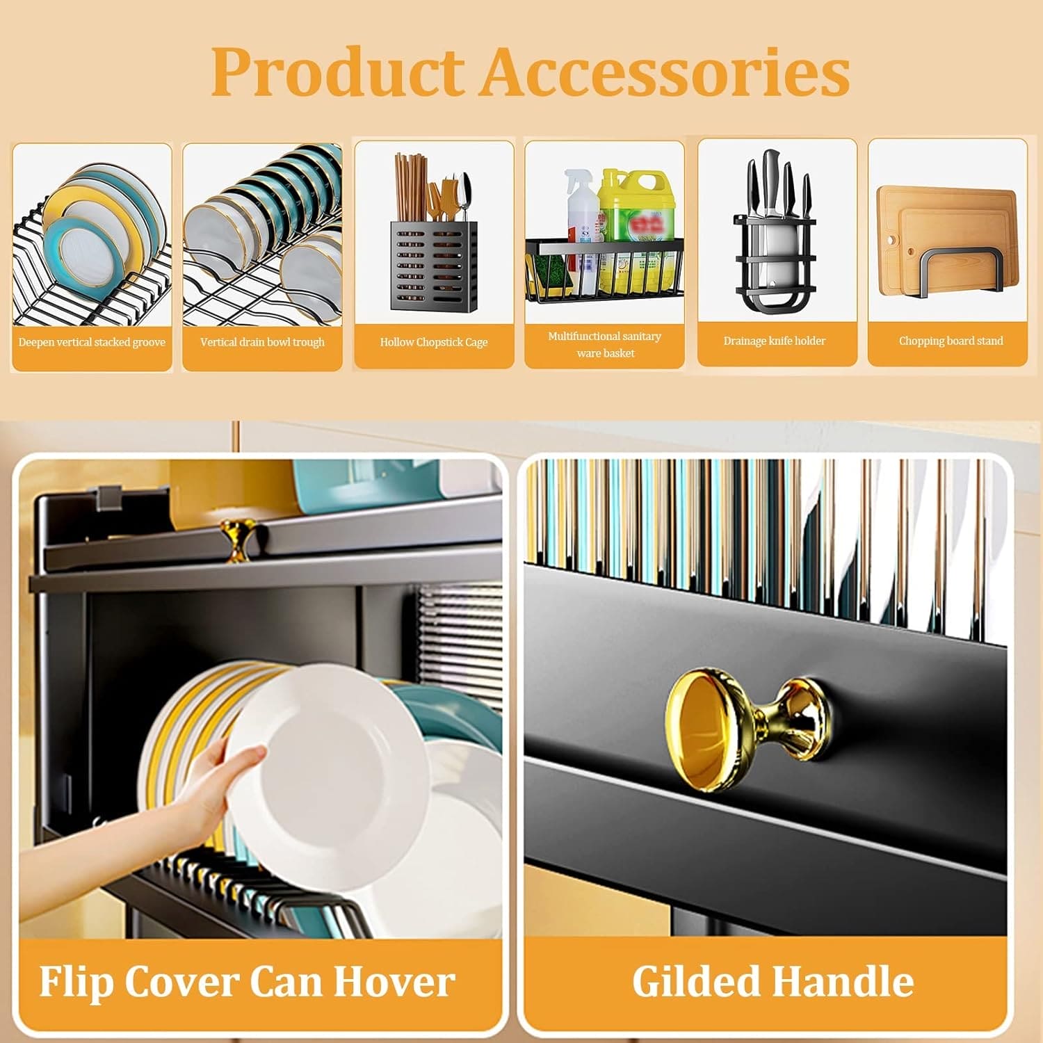 Multifunctional Flip Kitchen Dish Rack, Over Sink Countertop Kitchen Storage Shelf, Metal Cabinet Door Crockery Shelf, Expandable Sink Drainer Drying Rack with Door, Telescoping Dish Storage Rack