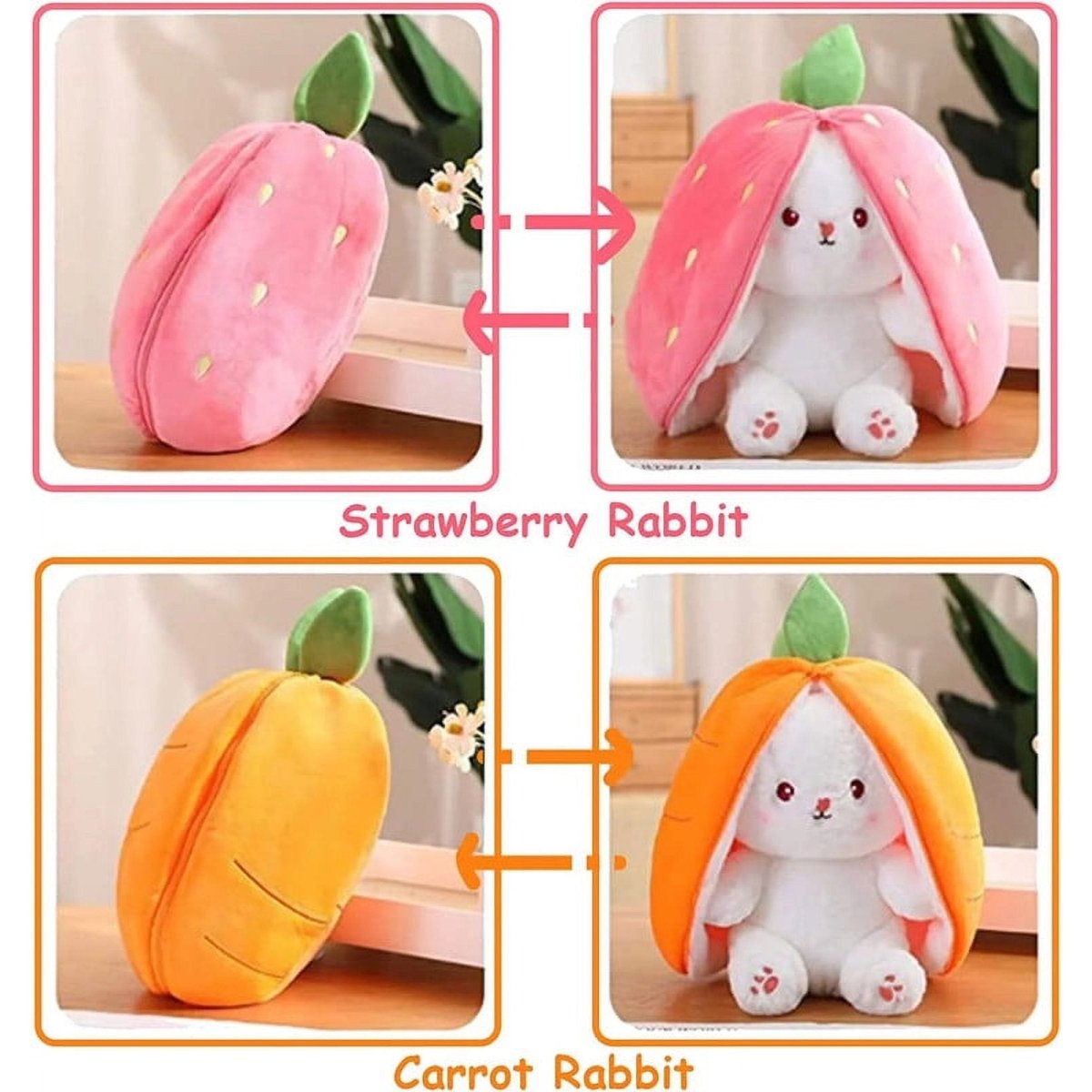 Reversible Bunny Plush – Strawberry & Carrot Soft Stuffed Toy