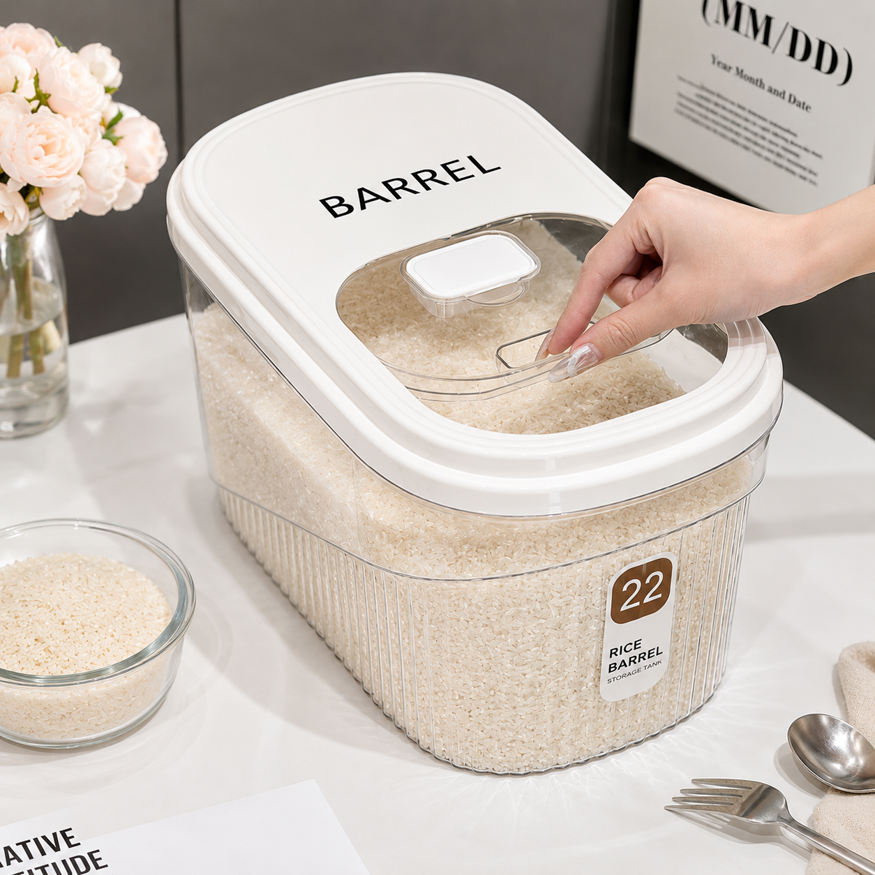 Rice Box Slidable Door with Measuring Cup | Airtight Grain Storage Container for Rice, Flour & Dry Foods