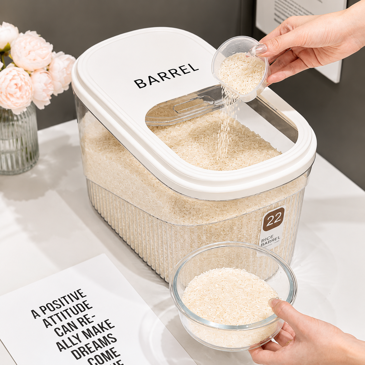 Rice Box Slidable Door with Measuring Cup | Airtight Grain Storage Container for Rice, Flour & Dry Foods