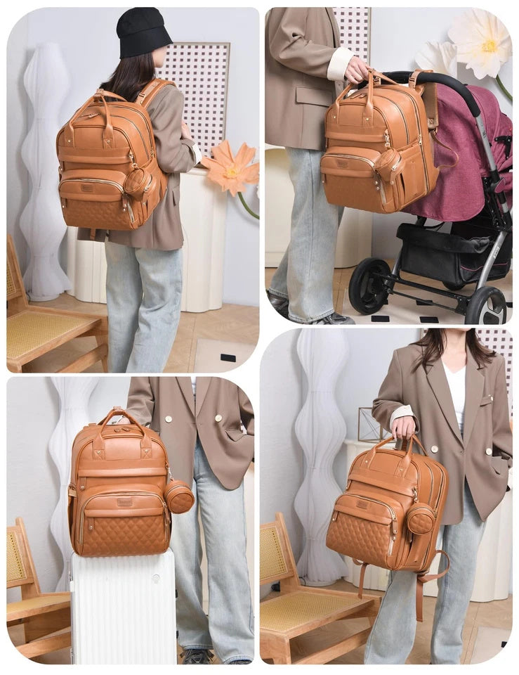 Brown Leather Diaper Bag Backpack with Changing Station