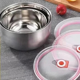 Set Of 3 Steel Fresh Bowl, Mixing Crisper Food Container Bowls, Stackable Portable Cooking Nesting Storage Bowls, Kitchen Rust-proof Food Storage Prep Bowl, Multifunctional Sealed Fresh Cooking Bowl