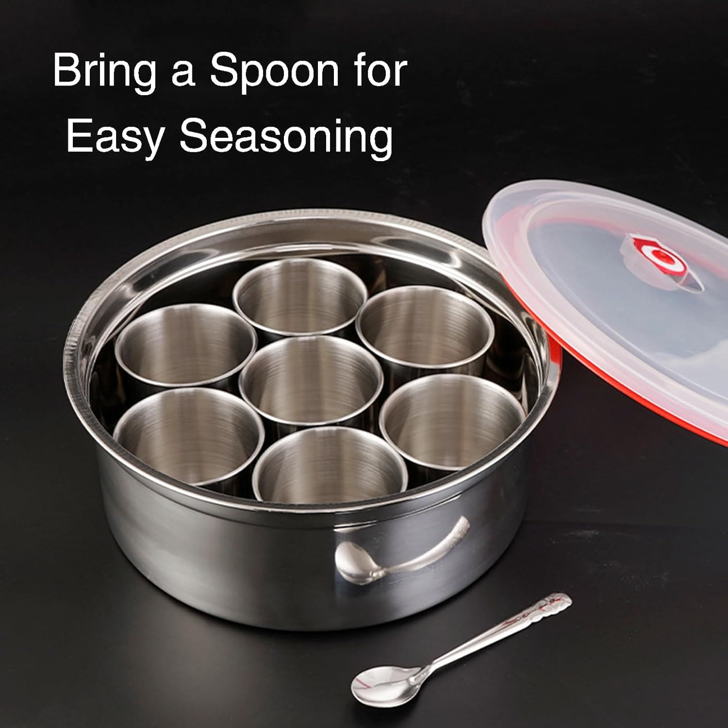 7 Grid Steel Spice Box With Spoon, Kitchen Household Masala Dabba, Stainless Steel Seasoning Box, Round Spice Jar with Transparent Lid, Multifunctional And Elegant Spice Box