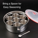 7 Grid Steel Spice Box With Spoon, Kitchen Household Masala Dabba, Stainless Steel Seasoning Box, Round Spice Jar with Transparent Lid, Multifunctional And Elegant Spice Box