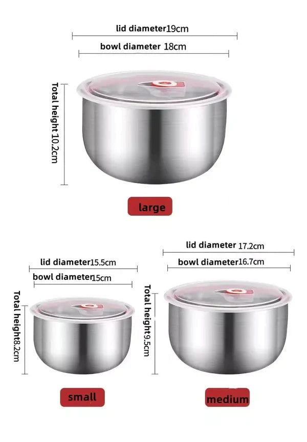 Set Of 3 Steel Fresh Bowl, Mixing Crisper Food Container Bowls, Stackable Portable Cooking Nesting Storage Bowls, Kitchen Rust-proof Food Storage Prep Bowl, Multifunctional Sealed Fresh Cooking Bowl