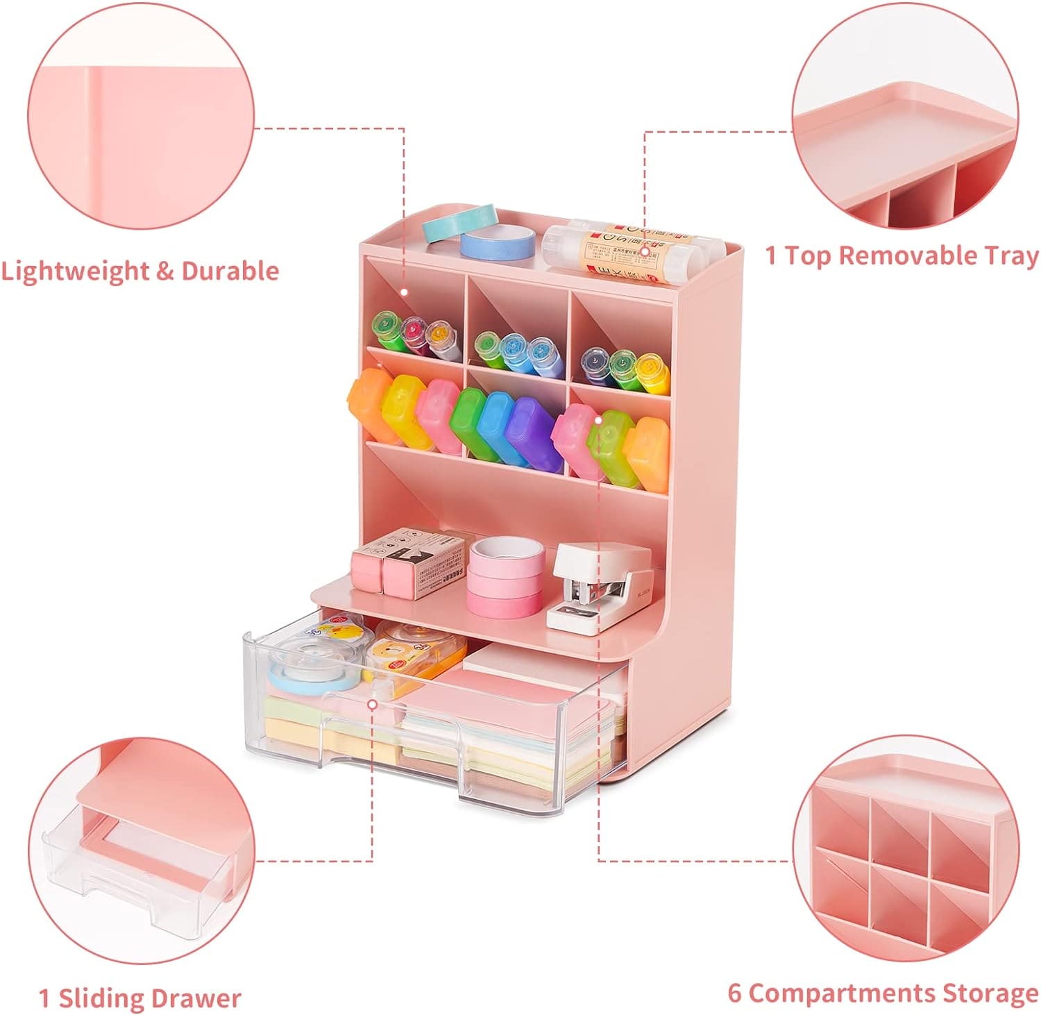 Slop Desktop Storage Box With Drawer, Classify Drawer Type Storage Box, 6 Compartment Multipurpose Organizer With Drawer, Rounded Corners Desk Stationary Organizer, Office School Inclines Desk Pen Organizer