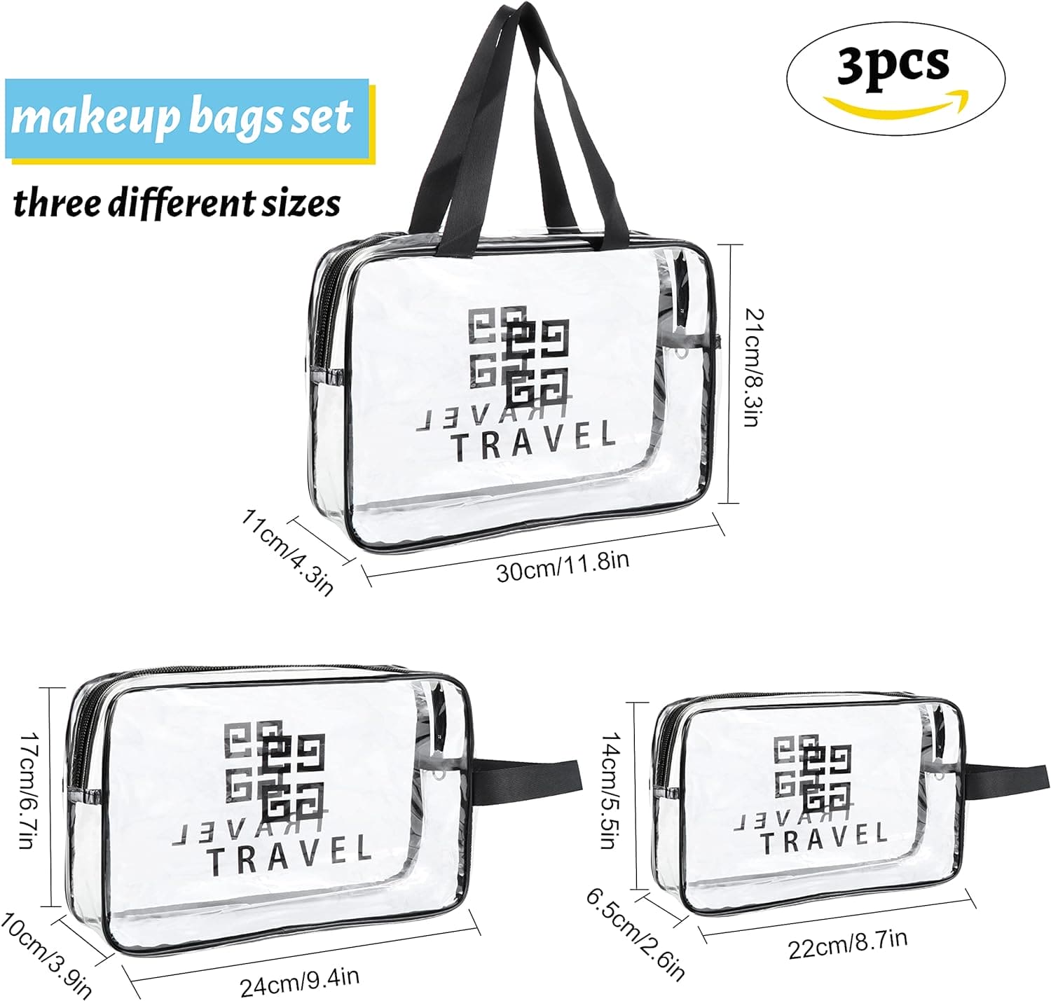 Set Of 3 Dream Travel Pouch, Transparent Oriented Makeup Bag, Carry Travel Zippered Pouch Bag, Waterproof, Portable Travel Cosmetics Pouch, Multifunctional PVC Zip Toiletry Carry Pouch