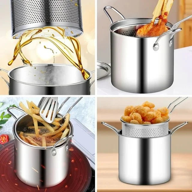 Stainless Steel Deep Frying Pot with Oil Strainer Basket – Kitchen Fryer Pan