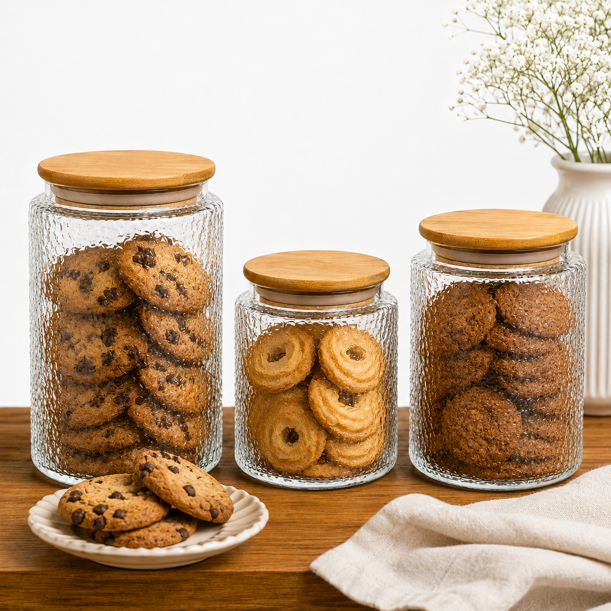 Textured Airtight Glass Storage Jars with Bamboo Lid | Premium Kitchen Storage Container Set