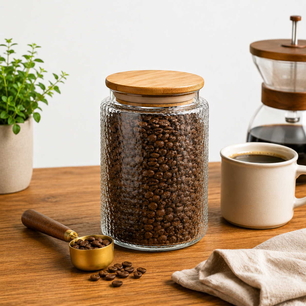 Textured Airtight Glass Storage Jars with Bamboo Lid | Premium Kitchen Storage Container Set