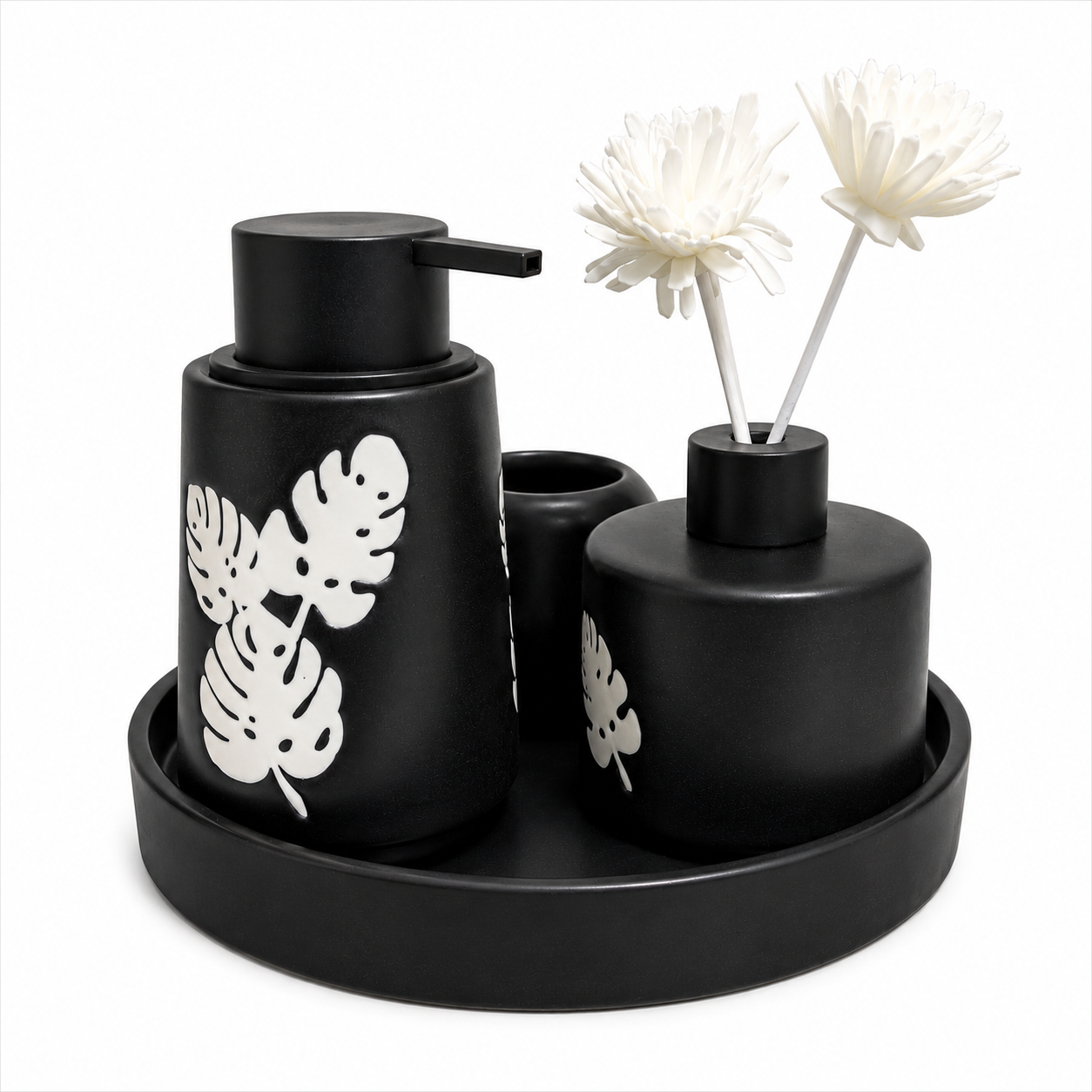 Tropical Leaf Bathroom Accessories Set with Tray | 4 Piece Ceramic Vanity Collection