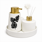 Tropical Leaf Bathroom Accessories Set with Tray | 4 Piece Ceramic Vanity Collection