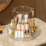 Umbrella Makeup Organizer, Transparent 360 Rotating Cosmetic Storage Box, Large Cosmetic Display Case for Vanity, Spinning Cosmetic Storage Holder Rack, Double Layered Beauty Storage Rack, 2 Level Multipurpose Cosmetic Jewellery Case