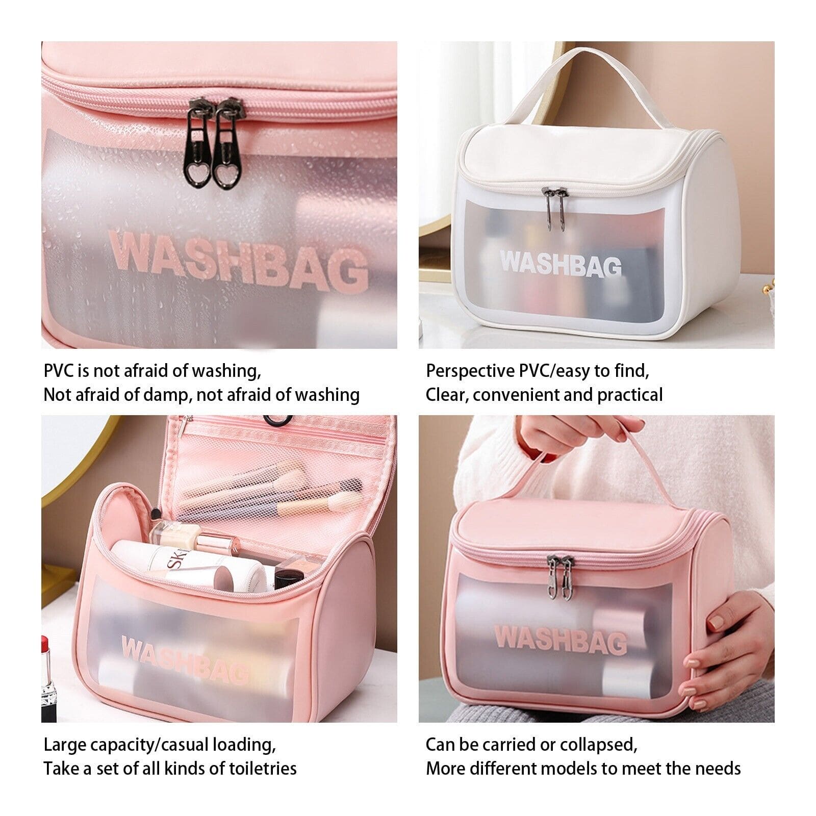 Clamshell Makeup Travel Bag, Washday Beauty Bag, Portable Transparent Makeup Bag, Female Shower Wash Bag, Multipurpose Women Cosmetic Bag, PVC Waterproof Handbags, Travel Toiletry Washbag With Zipper